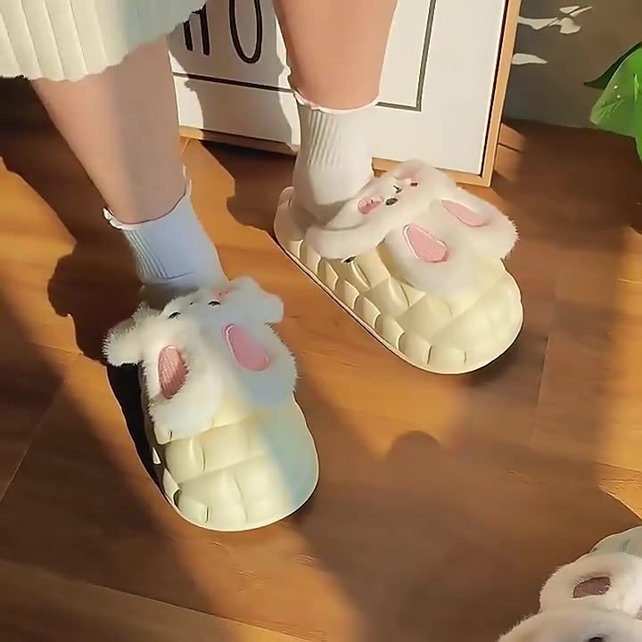 Śliczne buty królika Zimowe puszyste kapcie Damskie odpinane zmywalne buty domowe